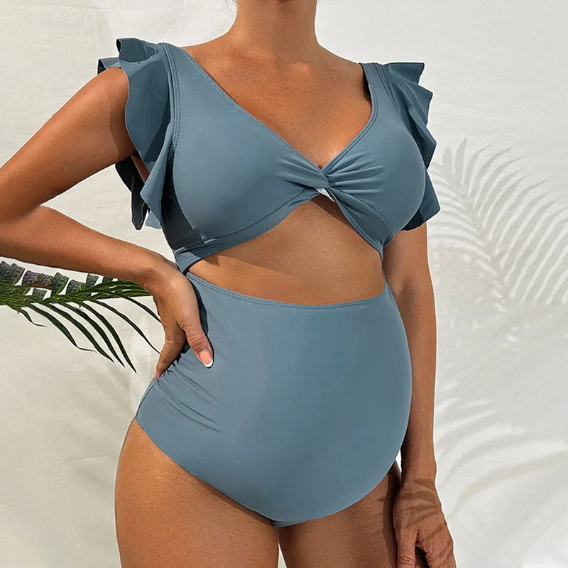 Matenrity Swimsuit Premama V Neck Hollow Out One-pieces Bathing Suit Pregnant Womens Beach Swimwear Bikinis 250407