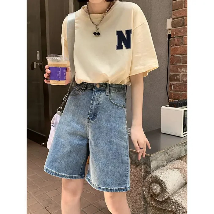 Brown Denim Shorts Womens Summer Ins American Style Vintage High-Waisted Slimming Straight-Leg Trendy Cotton Material 250408
