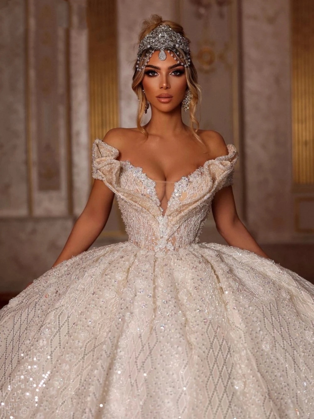 Sparkly V Neck Princess Wedding Dress Sexy Off the Shoulder Bridal Gown Customized Stunning Ball Pearls Bride Women Wear