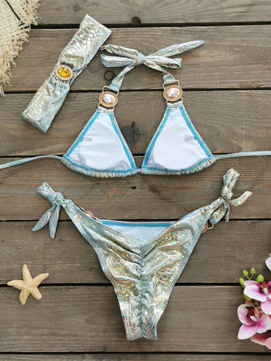 Dongdumaoyi Luxury Bikini Women Neon Green Gradient Rhinestones Push Up Micro Swimsuit Beach Bathing Suit Diamond Band Piece Swimwear