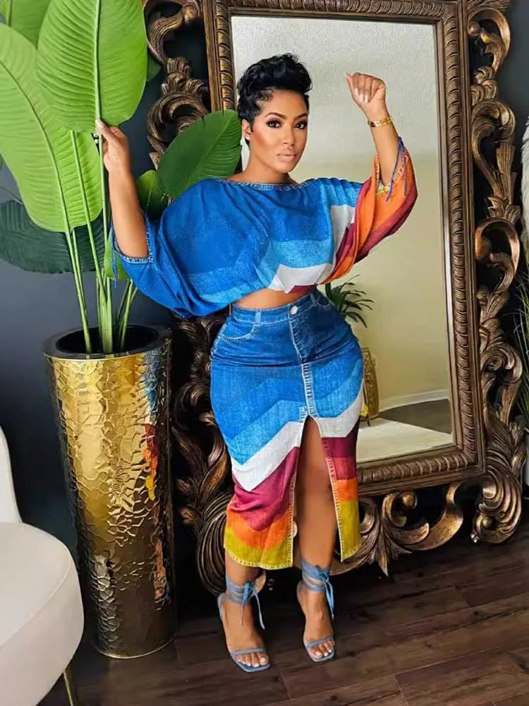 2 Piece Outfit Set Women Streetwear Summer Outfits with Skirts Denim Print Elegant Chic Open Split Skirt Long Sexy Female 250403