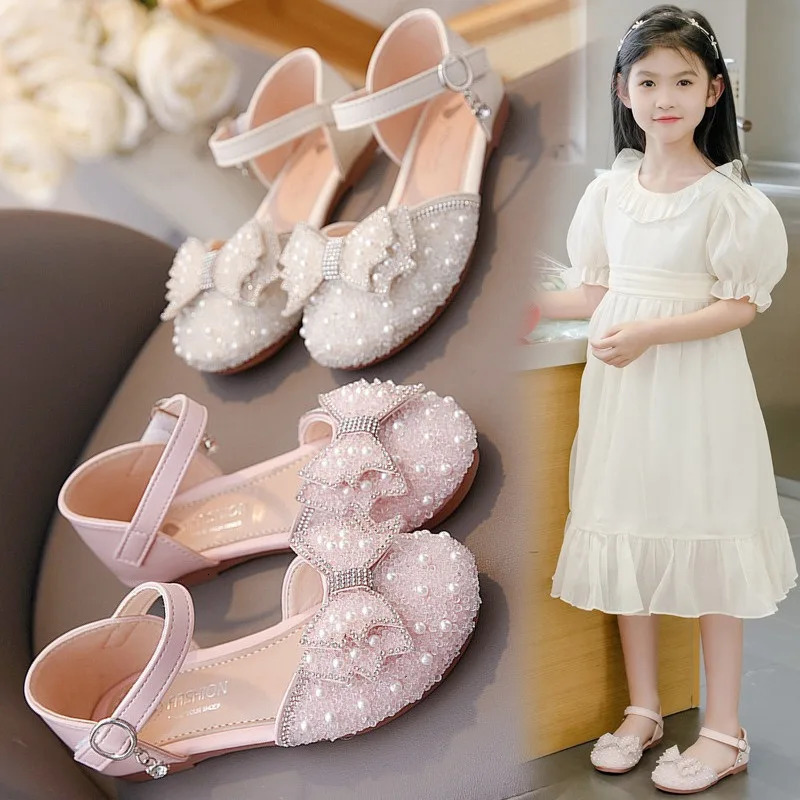 Girls Princess Shoes Spring And Summer Sandals White Flat Dress Shoes Pearl Decoration For Kids And Teens 250408