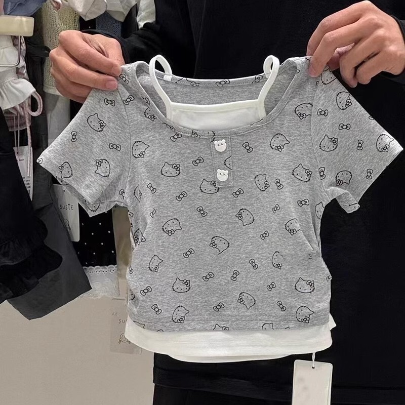 Ddmyshoesvip Girl S Baby Summer New Cartoon Print Fake Short Sleeved T Shirt Flower Bud Shorts Two Piece Set