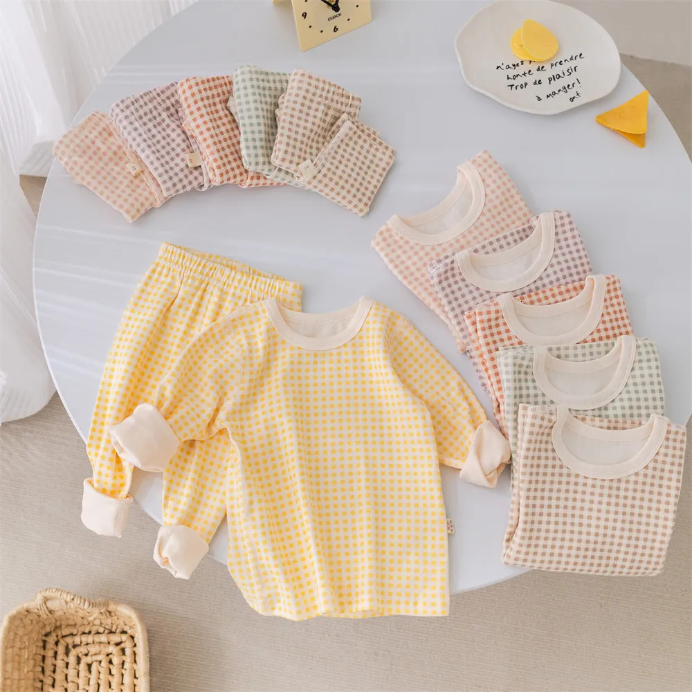 2025 Kids Pajamas Suit Boys Home Wear 1-5 Y Girls Plaid Underwear 2Pcs TopPants Childrens Long Sleeve T-shirt Suit 250407