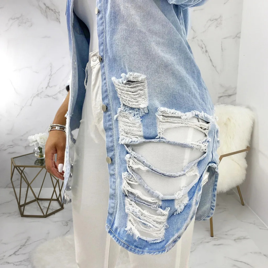 Womens Spring Jacket Denim Plus Size Cut Hole n Retro Street Oversized Y2K Short Jeans 250407