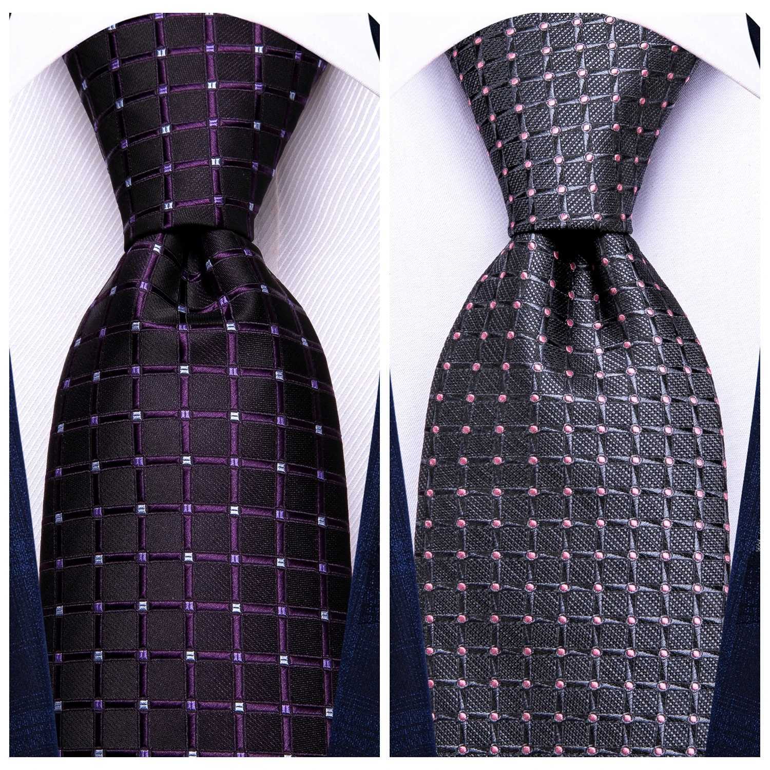 Hi-Tie Plaid Dots Purple Grey Mens Elegant Necktie Handkerchief Cufflinks for Tuxedo Fashion Classic Silk Luxury Tie for Man X250407