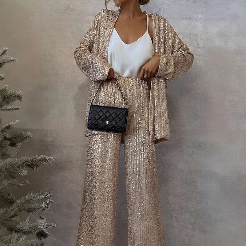 Spring Sequin Fashion Two-Piece Set Women Legg Slim Patchwork Outwear Top+High Waist Straight Pants Sets Female Outfits