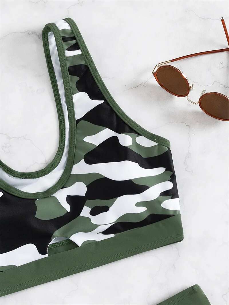 Dongdumaoyi Sexy Green Camouflage Bikini Set Women Hollow Out Push Up Padded High Waist Swimsuit Summer Bathing Suit Piece Swimwear