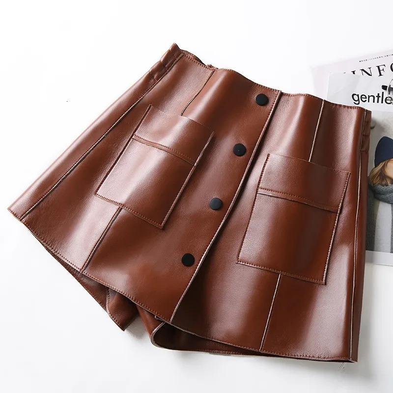 Spring Shorts Women Sheepskin Genuine Leather Shorts Black Brown Leopard Print High Waist Pocket Short Feminino Sexy Shorts 250408