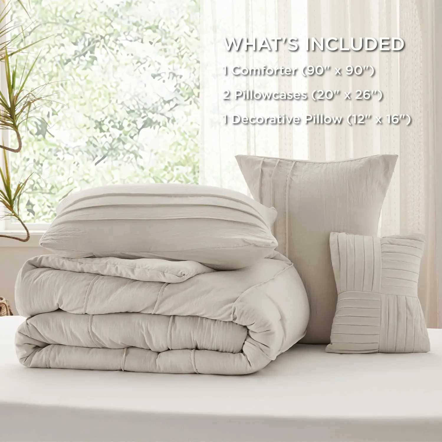 Bedsure Queen Comforter Set -4-piece clip on pleated bedding beige bohemian all season bedding 1-piece soft and comfortable 2-piece set X250408