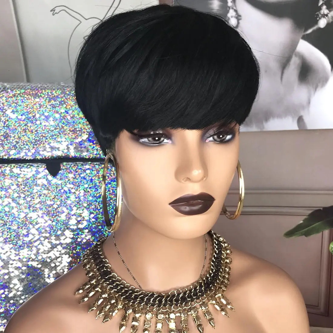 Short Straight Bob E Cut Wig Human Hair For Black