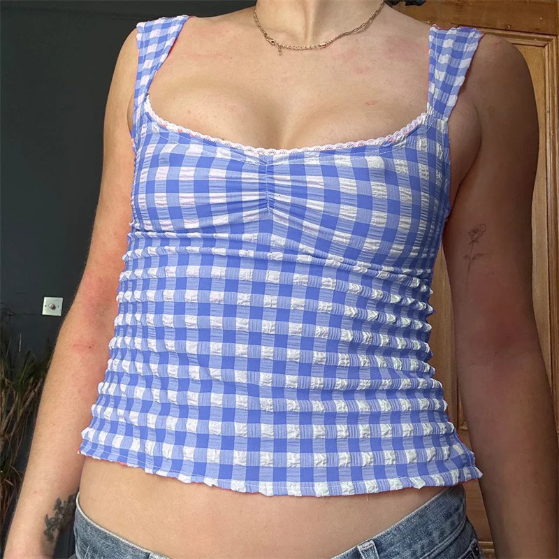 Lamuusaa y2k Tops for Women Summer Fairycore Clothing Plaid Print Lace Trim Sleeveless Tanks T Shirts 2000s Clothing Streetwear 250407