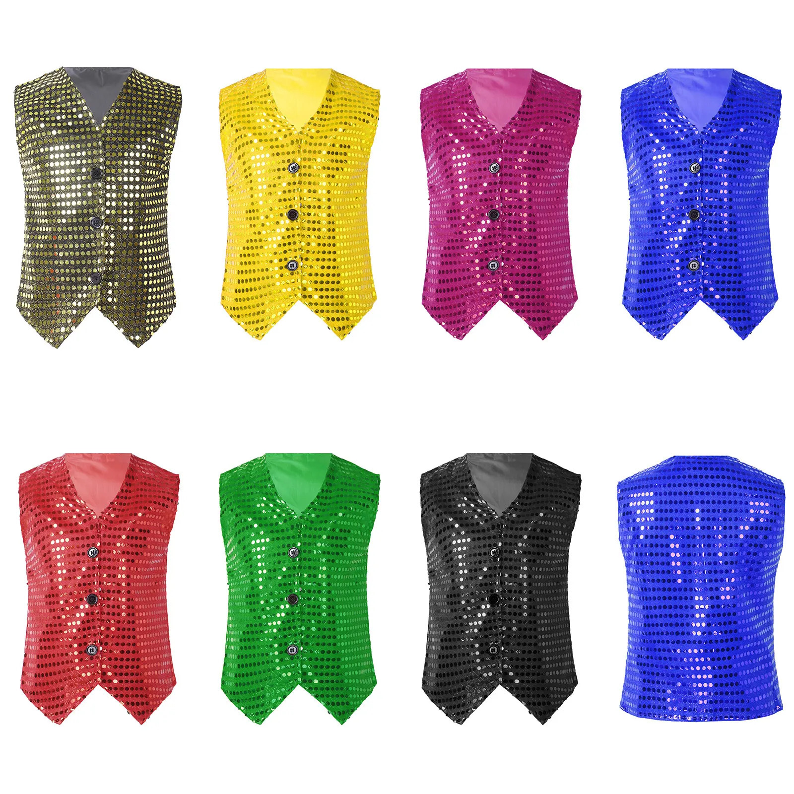Mens sparkling sequin vest sleeveless V-neck button sequin solid color vest suitable for club costumes and stage performances 250402