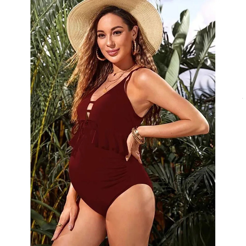 Elegant Maternity Swimwear One-Piece Draw String Ruffles Swimsuit Pregnant Women Ideal for Beaches Pools and Outdoor Activities 250407