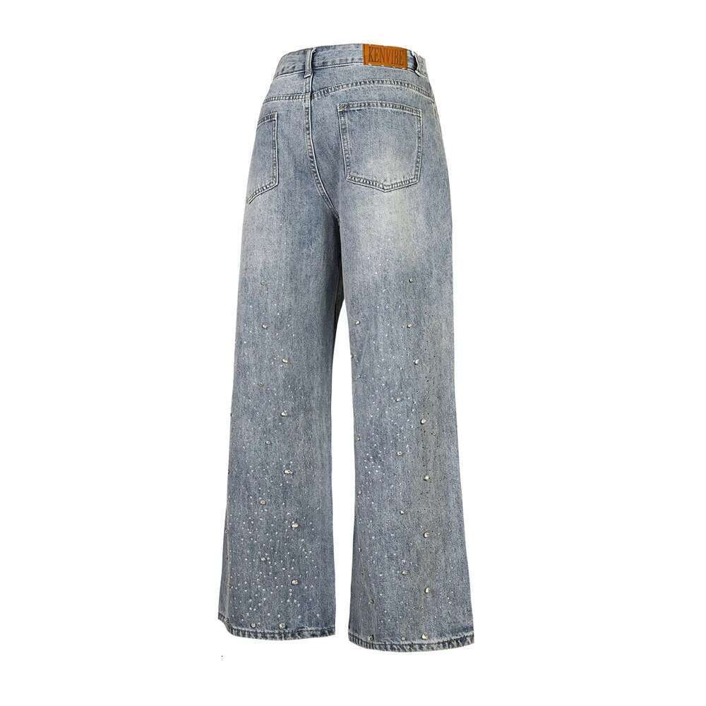 Rhie Washed Distressed Jeans Mens High Street Loose Straight Wide Leg Pocket Denim Pants Men Trousers