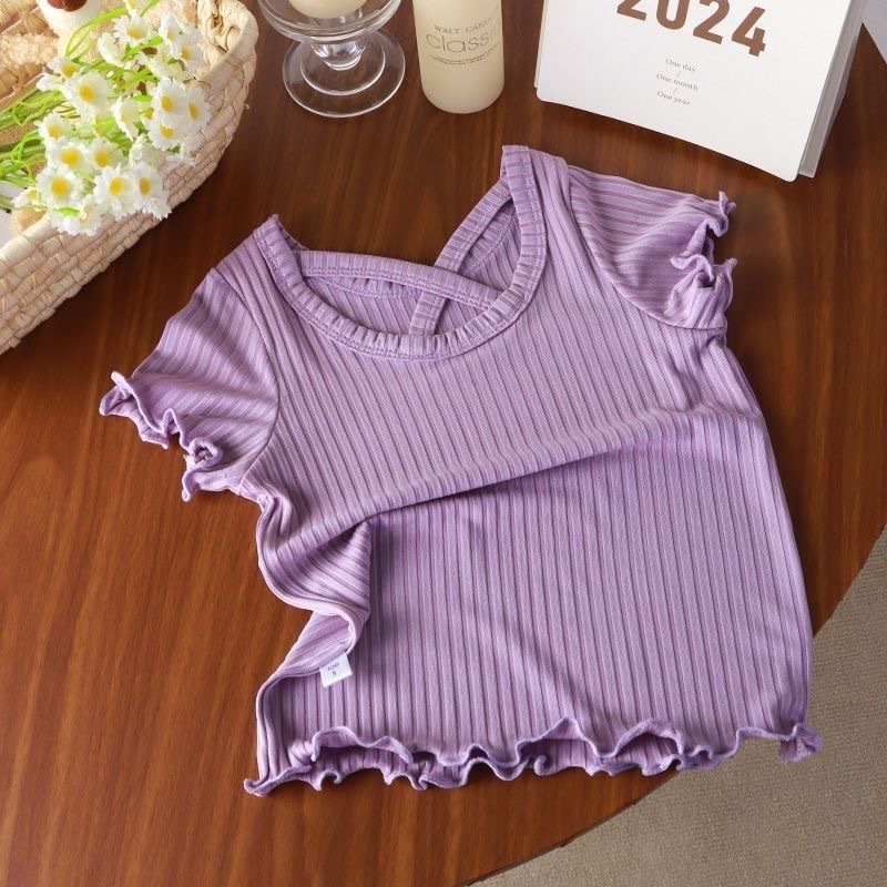 Ddmyshoesvip New Girls Short Sleeved Fashionable Women S Treasure Lotus Leaf Sleeves Korean Version Western Style Ice Silk T Shirt Lace Summer Solid C