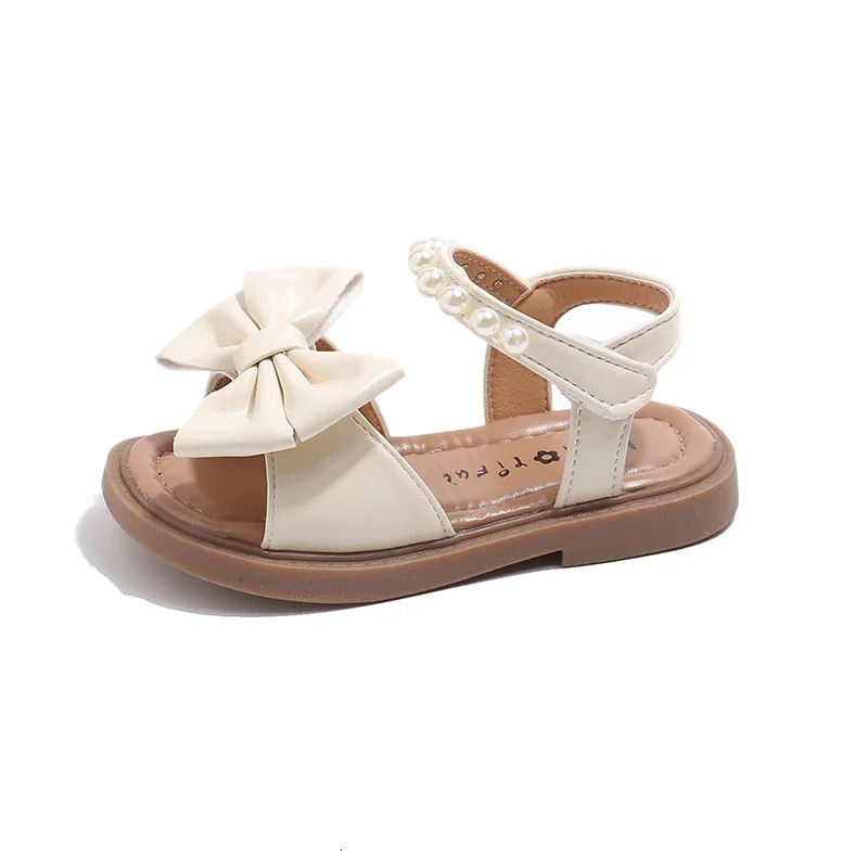 Toddlers Girls Leather Sandals Princess Soft with Pearls Bowtie Sweet Children Holiday Sandals Chic Open Toes Kids Summer Shoes 250407