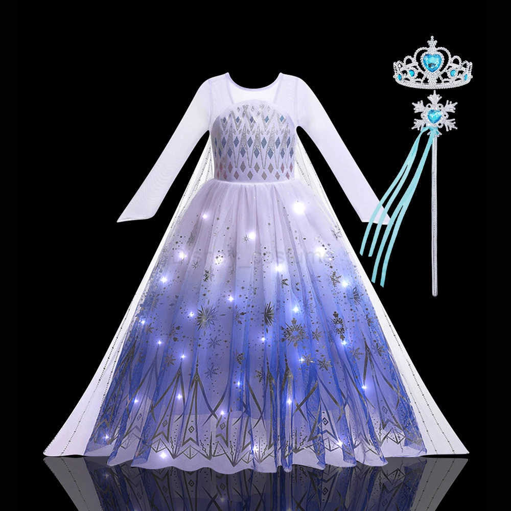 Disney 2PCS LED Light Up Snow Queen Costume for Kids Girl Elsa Birthday Party Luxury Princess Cosplay Children Carnival Clothing Outfit X250408
