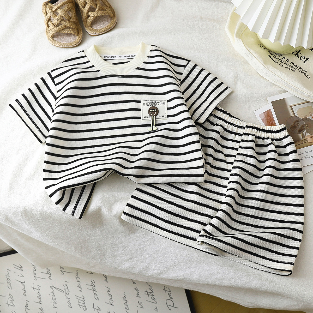 Ddmyshoesvip Children S Short Sleeved Set With Black And White Stripes Boys T Shirt Baby S Summer Children S Clothing Girls Shorts New Baby Clothes