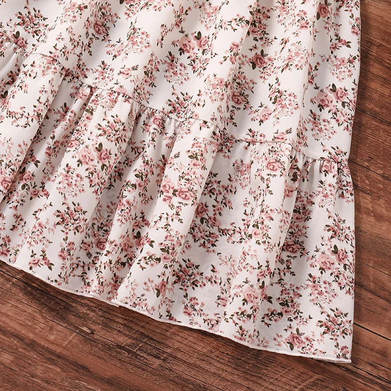 Children Summer Girls 8-12 Years Old Black Short Sleeve Puffed Sleeve Print Long Skirt Holiday Loose Comfortable Pastoral Dress 250408