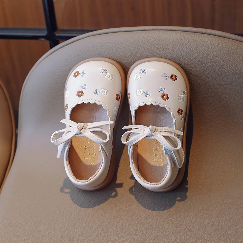 Little Girl Embroidered Flower PU Leather Shoes Childrens Solid Color Mary Jane Flats Baby Versatile Princess Dress Shoes 21-30 250407