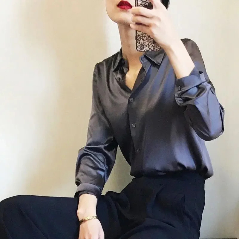 Silk Brown Clothes Wear to Work Outfits Long Sleeve Purple Spring Womens Formal Top Satin Womens Shirt and Cool Shirt 250402