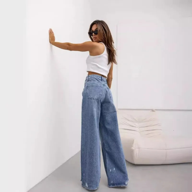 High waisted loose wide leg denim jeans womens holes washed casual straight pair boots strapless 250407