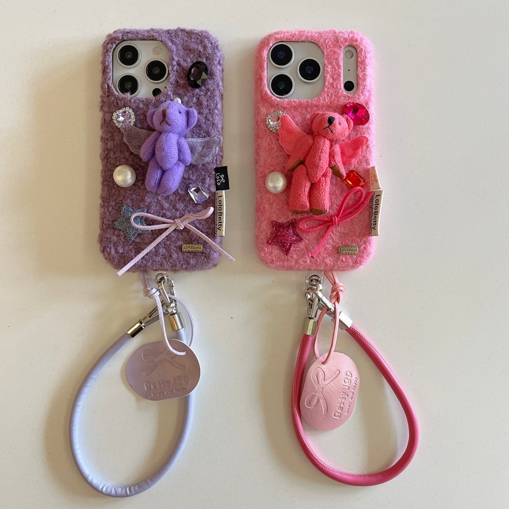 Rhinestone Plush Bear Cartoon Phone Case Compatible with iPhone 17/16 Pro Solid Color Lanyard Case iPhone 15 Niche 14
