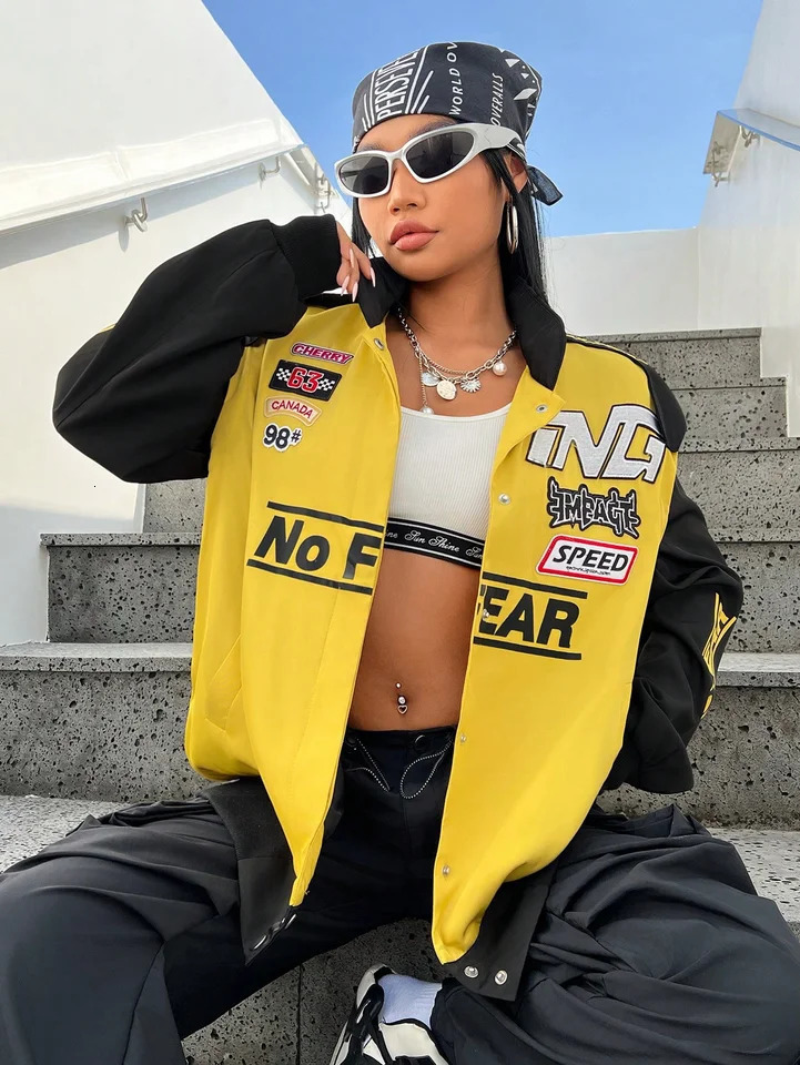 Black and yellow shoulder patchwork womens heavyduty industrial jacket 250407