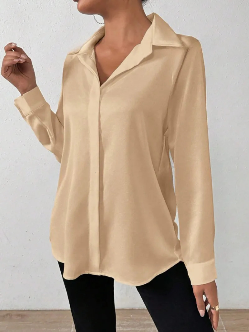 Womens long sleeved silk shirt European and American style cross-border clothing high-quality and fashionable womens shirt 250402
