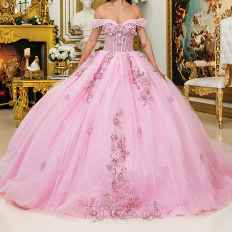 Pink Shiny Quinceanera Dresses Off Shoulder Ball Gown Sweet 16 Dress Applique Lace Beads Tull Birthday Party Vestidos 15 De Anos