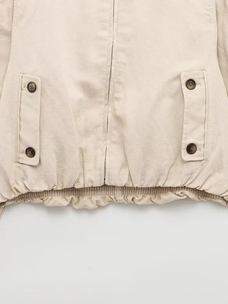 Womens Spring Bomber Jacket Coats Fashion Solid Linen Zipper Button Elegant Street Coat 250407