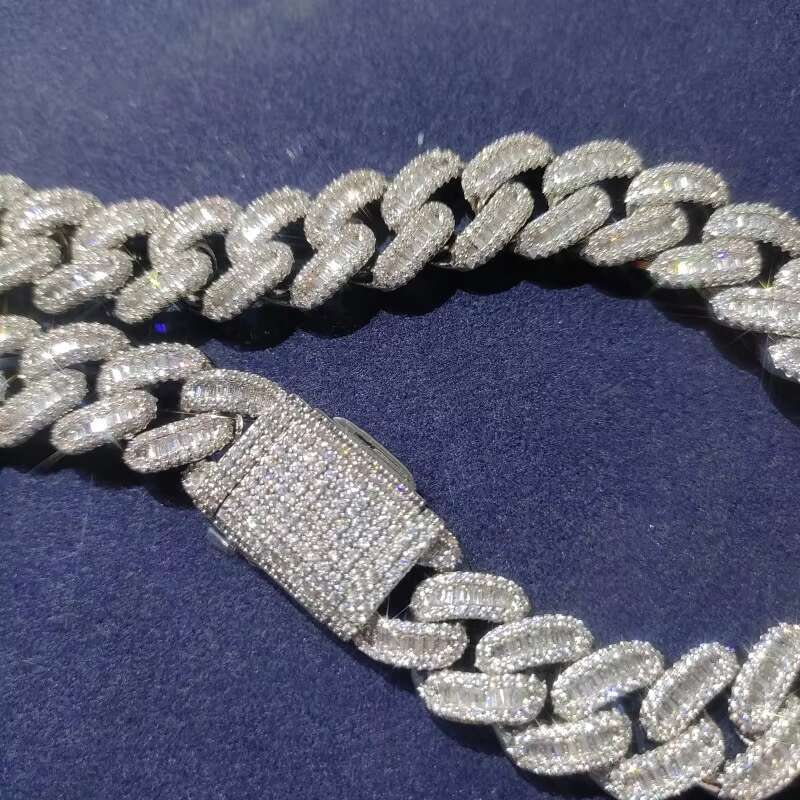 Hand Crafted baguette Cut Cuban Link Chain Vvs Moissanite 15mm Ice Out Cuban Link Chains
