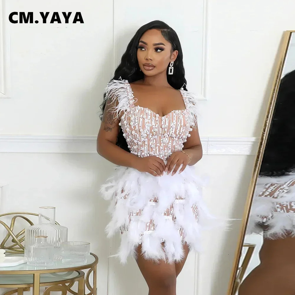 CM. YAYA Womens Sparkling Pearl Feather Belt Bodycon Midi Dress Summer Sleeveless Sexy Party Evening Dress Vestidos 250402