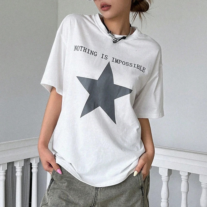 Star Letter graphic pattern printing series round neck loose short sleeved Tshirt summer casual fashion travel for girls 250407
