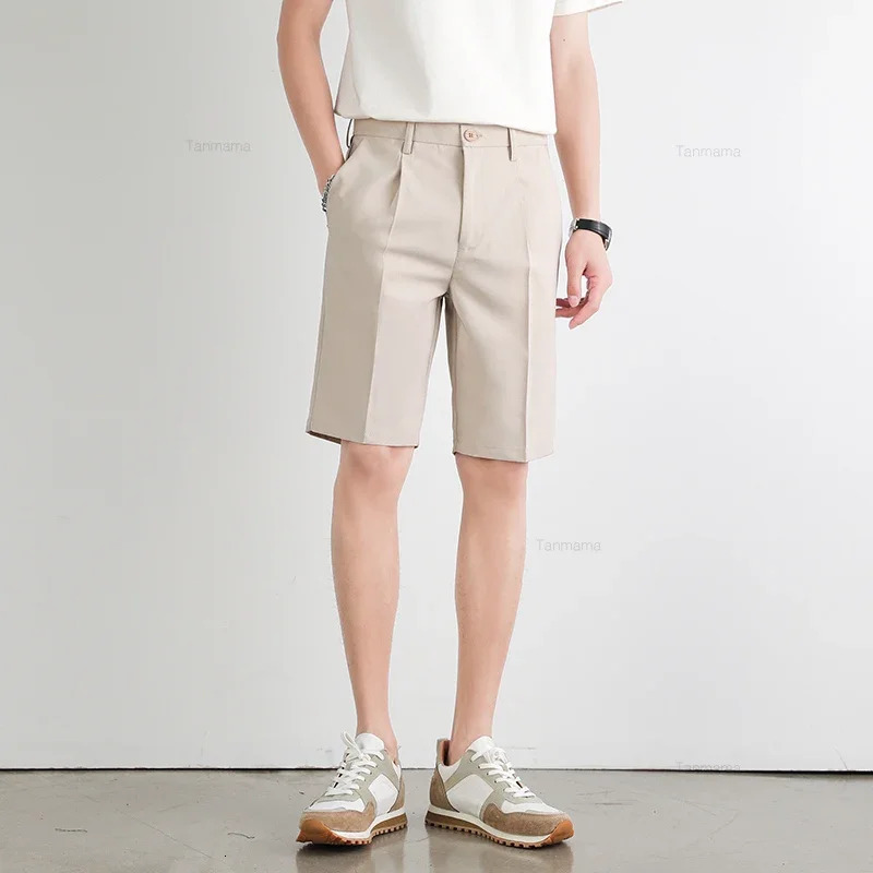 Summer Mens Suit Shorts Solid Color Loose Drape Business Straight British Casual Knee-length Pants Clothing Black Gray 250407