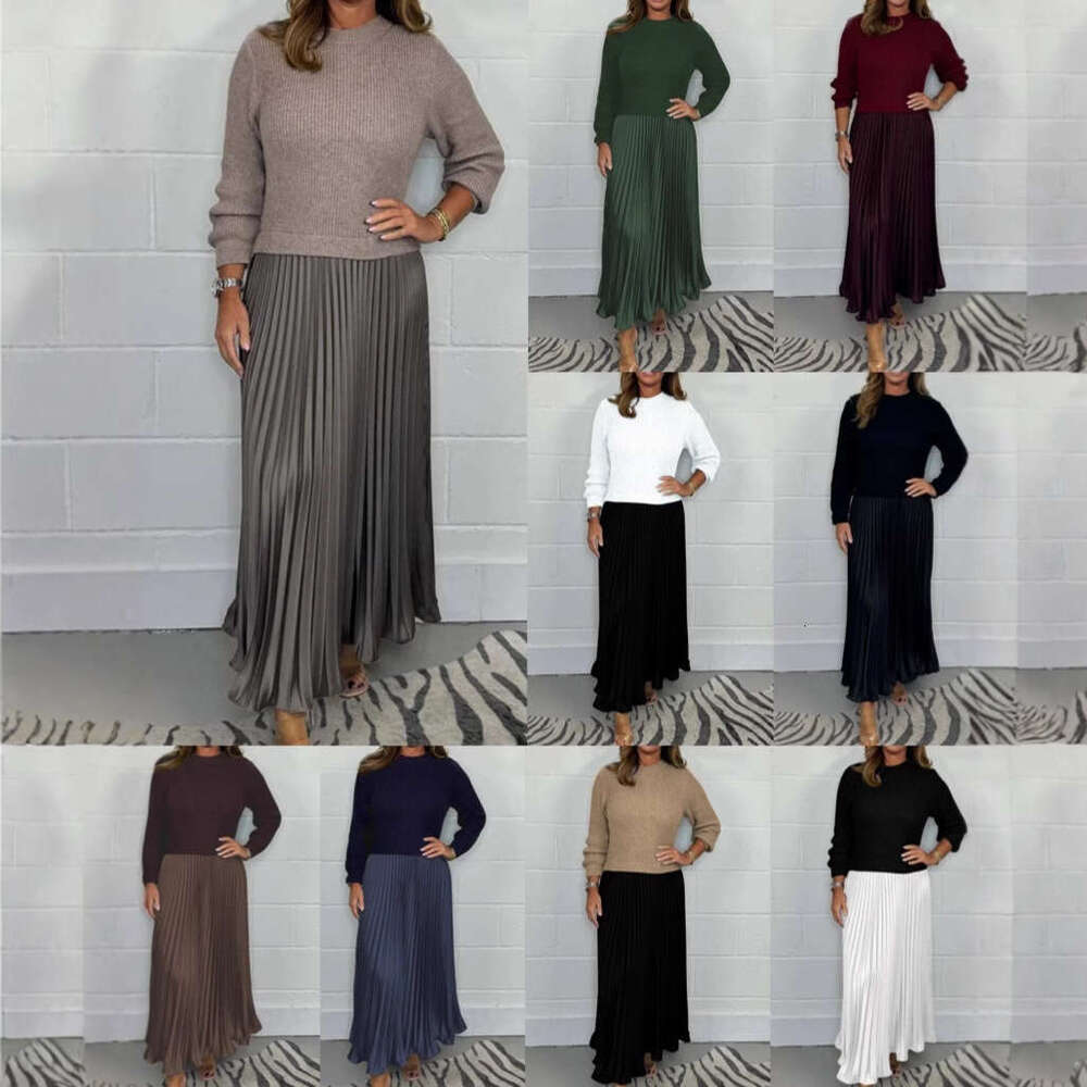 autumn winter European American solid color knitted long sleeved sweater patchwork pleated dress, women's 2025 new style, chic and elegant clothi