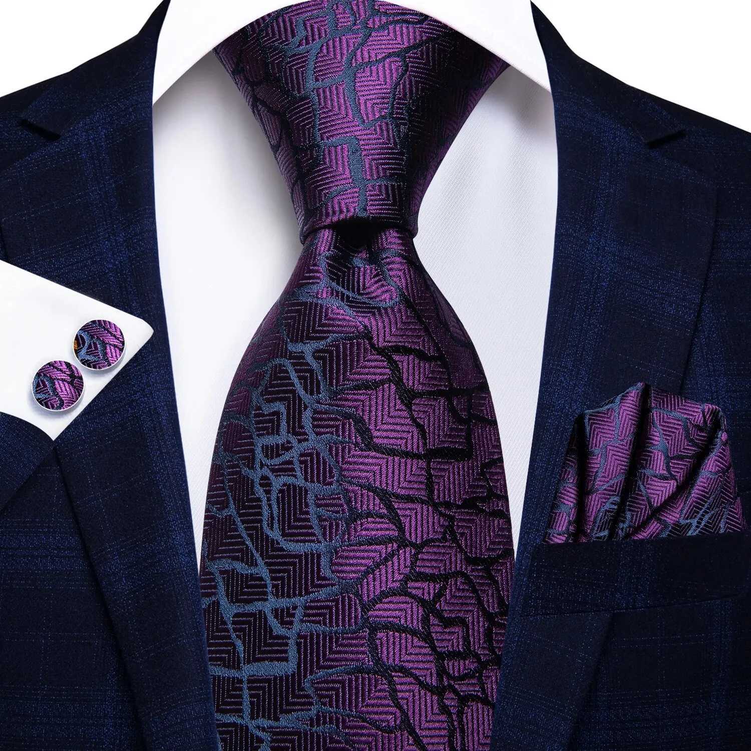 Hi-Tie Peacock Blue Novelty Designer Silk Wedding Tie For Men Hanky Cufflinks Gift Mens Fashion Necktie Set Business Party X2504071