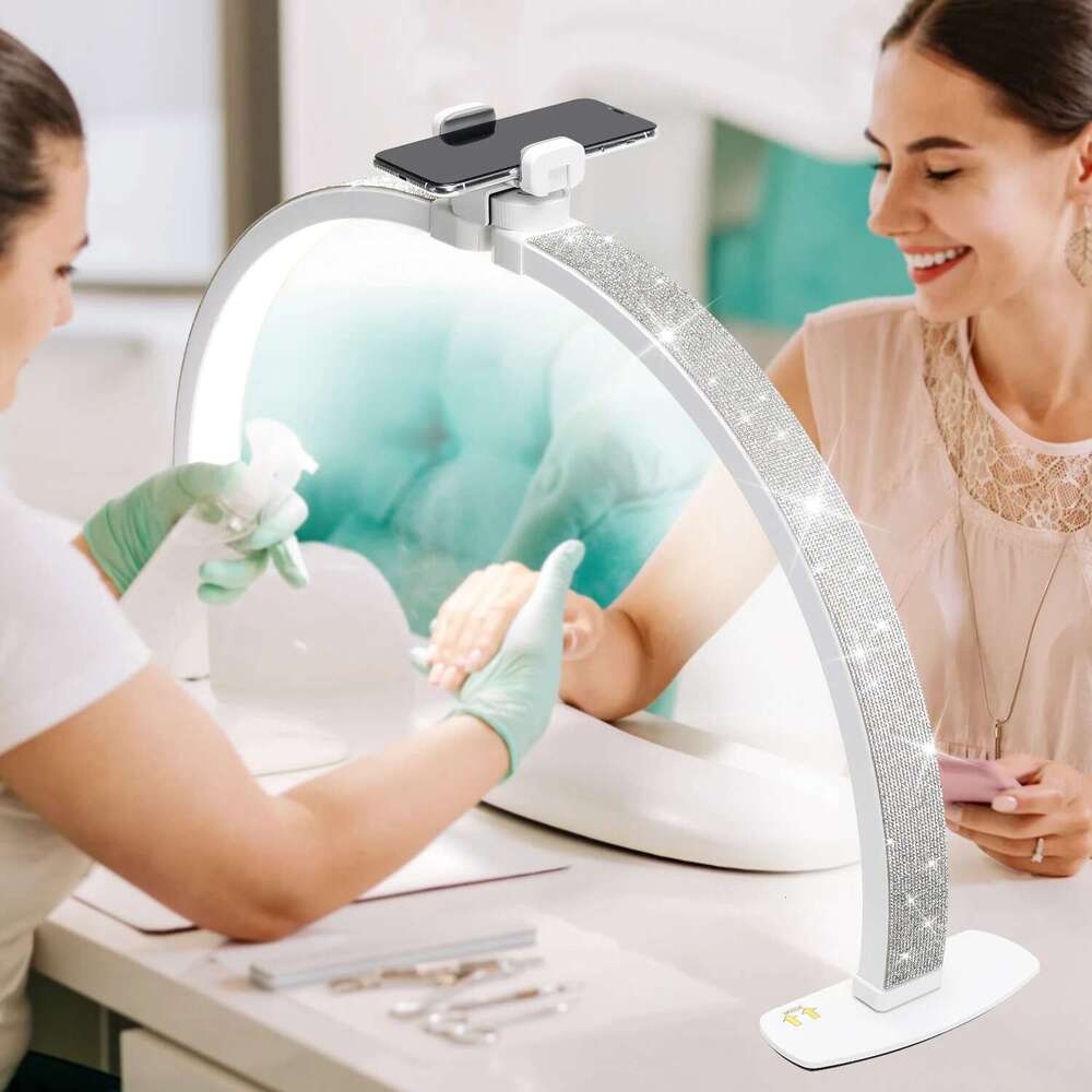 Upgraded Phone Holder Foldable Half Moon Light for Desk, Nail Table Lamp with Stepless Dimming
