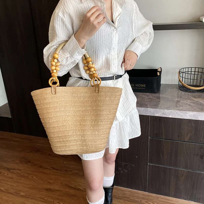 LEFTSIDE Big Weave For Women 2025 Summer New Beaded Shoulder Bags Lady Handbag Females Straw Tote Beach Hand Bag