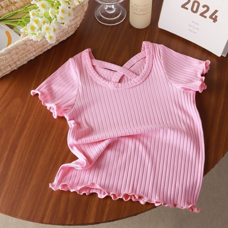 Ddmyshoesvip New Girls Short Sleeved Fashionable Women S Treasure Lotus Leaf Sleeves Korean Version Western Style Ice Silk T Shirt Lace Summer Solid C