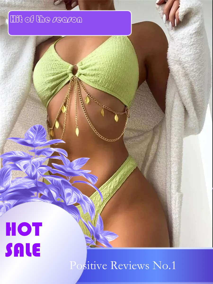 Dongdumaoyi Sexy Metal Chain Bikini Set Women Solid Black Green Ring Linked Micro Swimsuit Summer Bathing Suit Thong Swimwear Biquini
