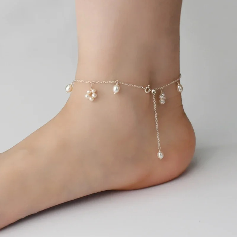 ASHIIQI Natural Freshwater Pearl Anklet Genuine 925 Sterling Silver Handmade Jewelry Wedding Jewelry Lady 250403
