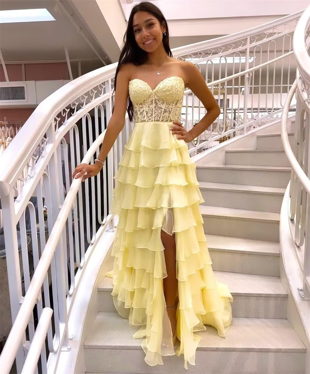 Long Prom Dresses Elegant Tiered Split Lace V-Neck Lace-up A-Line Plus Size Formal Occasion Evening Party Gown Pd13