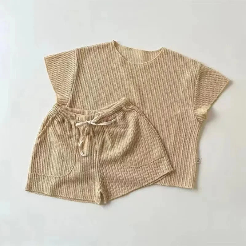 Korean Version Summer Kids Baby Girls Boys Short Sleeve Solid Top Tees Shorts Pants Infant Cute Pure Cotton Loose Clothing Set 250407