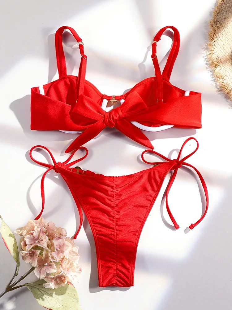 push style bikini sexy striped swimsuit red womens summer beachwear ring belt set 250408