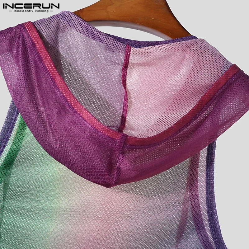 Fashion casual style top INCERUN sexy mens gradient hollow sleeveless hooded vest fashion mens thin vest S-5XL 250403