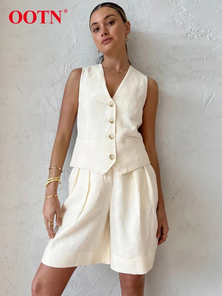 OOTN Office High Waist Shorts Set V-neck Single Chest Tank Top Two Piece Set Spring Cotton Linen Elegant Beige Set Women 250403
