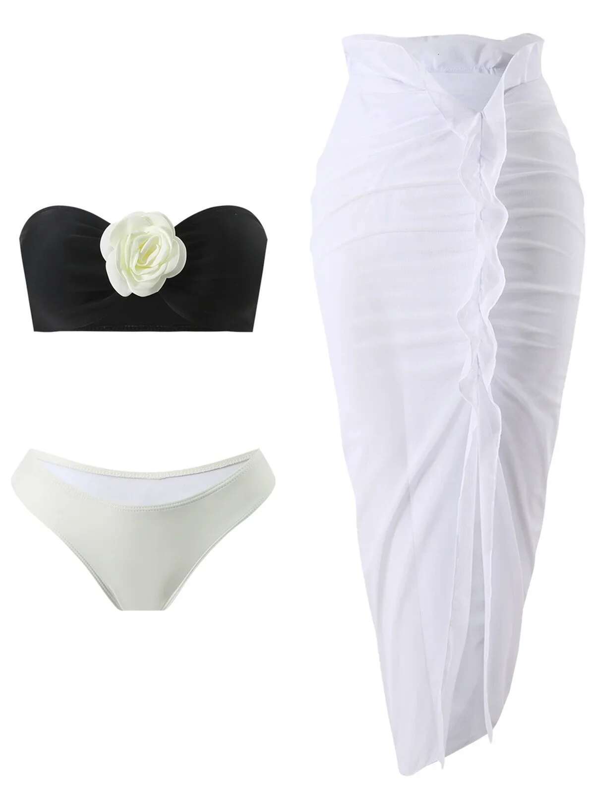 Dongdumaoyi Sexy D Floral Bandeau Bikini Set Women Black White Patchwork Skirt Piece Swimsuit Beach Bathing Suit High Waist Swimwear