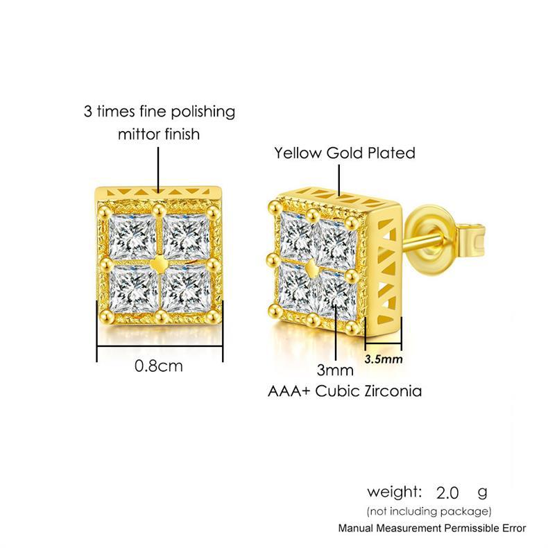Delicate Square Cubic Zirconia Stud Earrings for Men 18K Real White Gold Plated White Crystal Earrings Luxury Hiphop Diamond Earring Party Birthday Ea